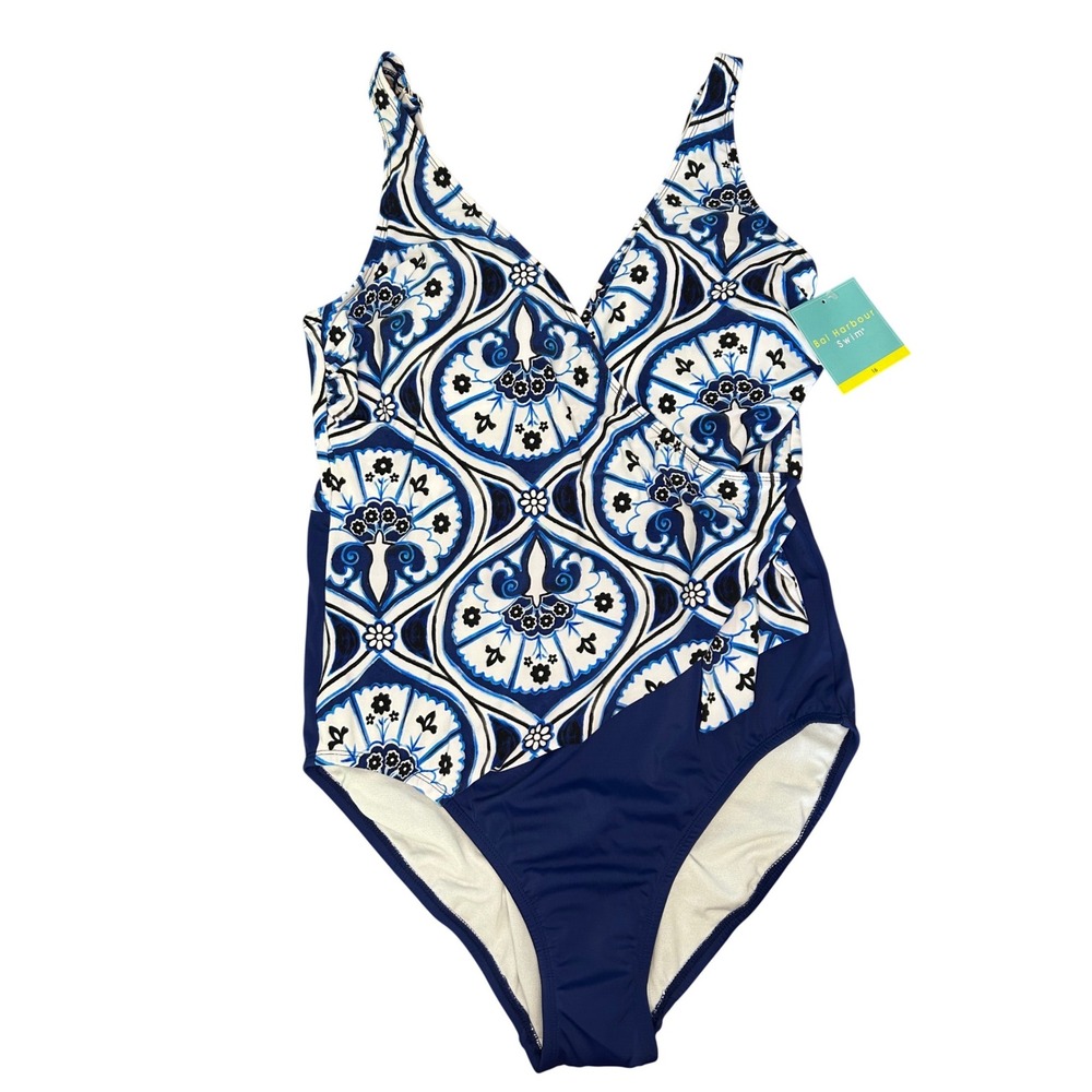 NWT Bali Harbour One Piece Swimsuit Size 16 Blue White Tummy Control Faux Wrap